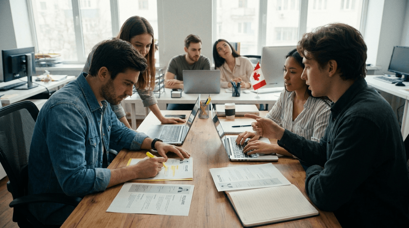 Diverse team collaborating in a modern Canadian office