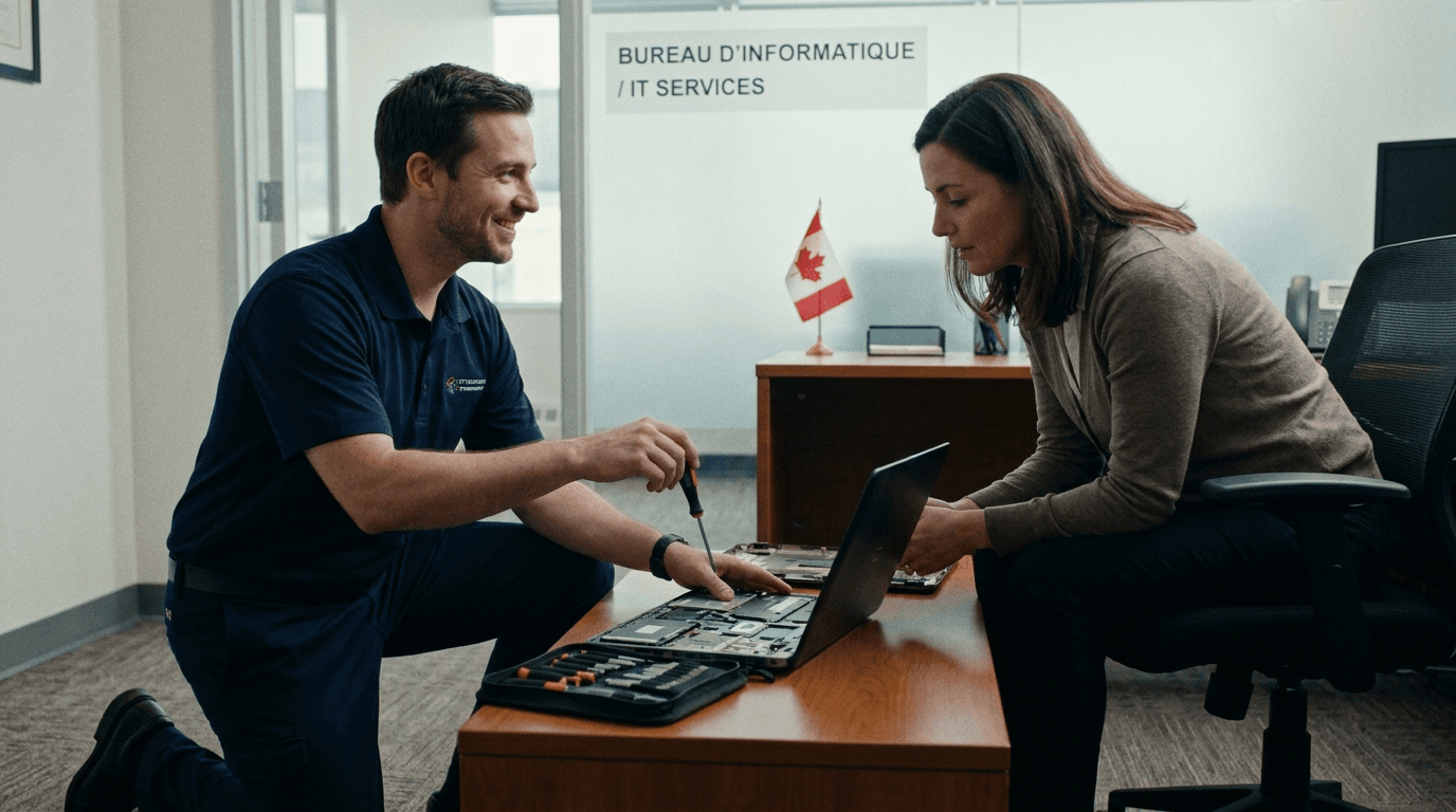 IT support technician helping a client at a computer