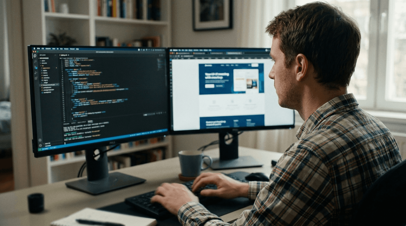 Web developer working on a laptop with code on screen